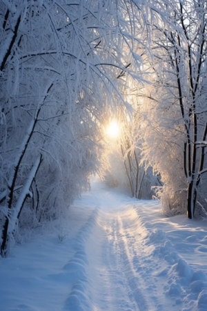 Winter landscape with trees covered with hoarfrost in the forest at sunsetの素材
