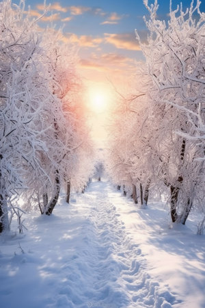 Beautiful winter landscape with trees covered with hoarfrost at sunsetの素材