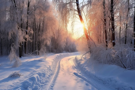 Beautiful winter landscape with road in the forest and sunbeamsの素材