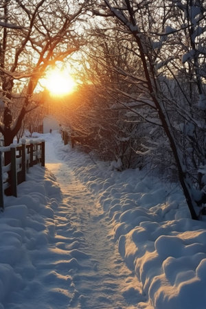 Beautiful winter landscape with snow-covered trees and a path at sunsetの素材