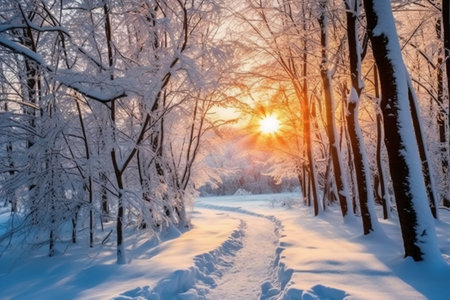 Sunset in the winter forest. Winter landscape with snow-covered trees.の素材