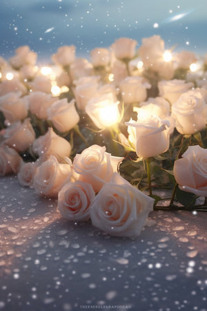 Beautiful white roses on the background of the sea and sunset.の素材