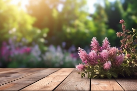 Wooden table with flowers in the garden. Blurred background.の素材