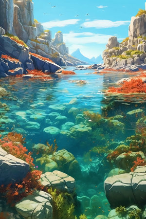 Digital painting of a beautiful sea landscape with rocks and coral reef.の素材