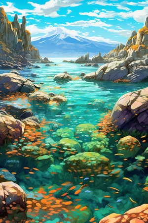Fantasy landscape with sea, mountains and fishes. Digital painting.の素材