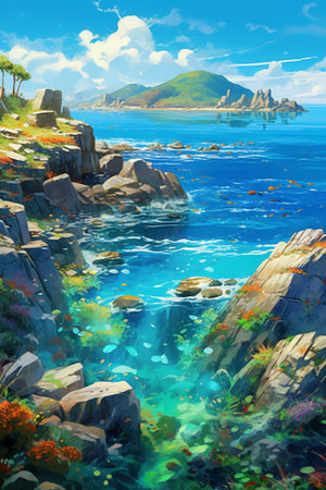 Beautiful sea landscape with mountains on the horizon. Digital painting.の素材