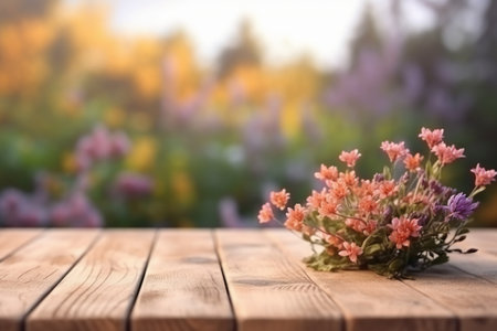 Wooden table with flowers in front of blurred garden background. mock upの素材