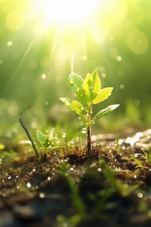 Green sprout growing from the ground with dew drops in the sunlightの素材