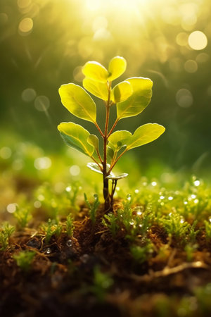 Small sprout growing from the ground with bokeh background.の素材