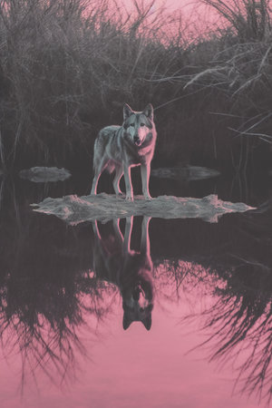 The wolf is reflected in the water of a pond. Vintage style.の素材