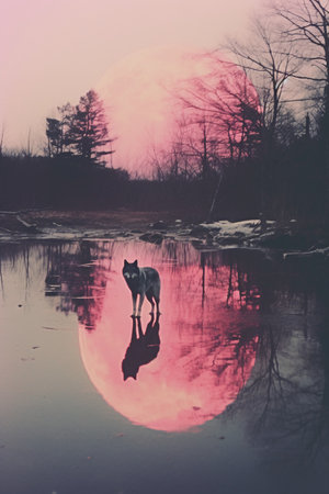 Silhouette of a wolf standing in the water at sunset.の素材