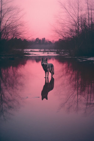 Silhouette of a wolf standing in the water on a foggy morningの素材