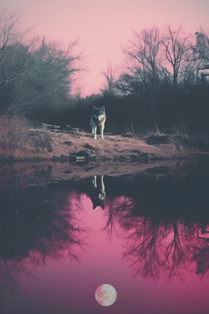 Coyote standing on the edge of a pond with a full moon in the backgroundの素材