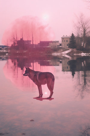Reflection of a wolf in a lake with a sunset in the backgroundの素材