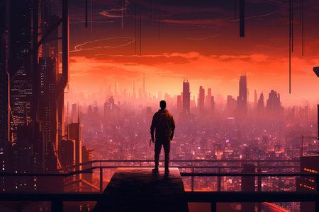 Silhouette of a man standing on a balcony and looking at the cityの素材
