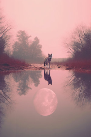 Dog standing at the edge of a pond and looking at the moonの素材