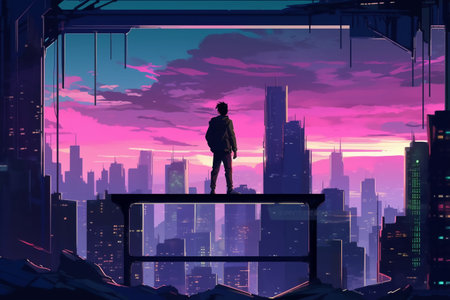 Silhouette of a man standing on the balcony against the background of the night city.の素材