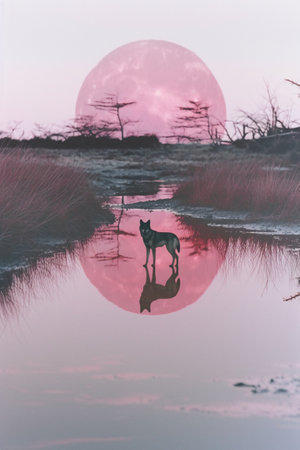 Silhouette of a wolf in the swamp at sunset, with a large moon in the backgroundの素材