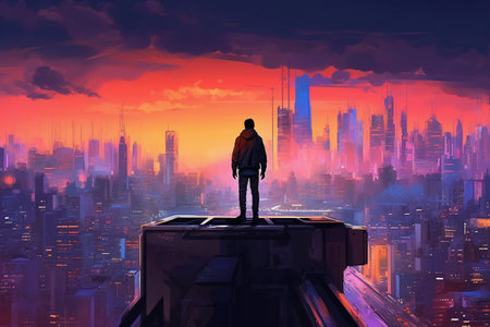 Fantasy illustration of a man standing on the edge of a futuristic cityの素材