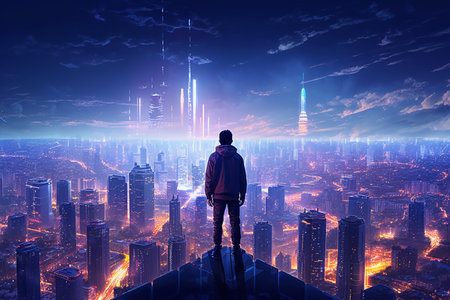 Man standing on the top of a skyscraper and looking at the cityの素材