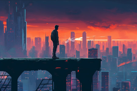 Businessman standing on the bridge and looking at the city at sunsetの素材