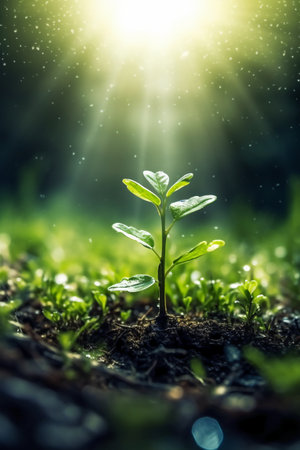 Green sprout growing from soil with sunbeams and lens flareの素材
