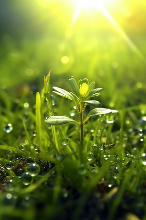 Fresh green grass with dew drops close up. Nature background.の素材