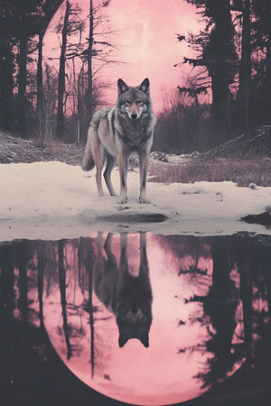 Walking wolf in winter forest with reflection in water. Wildlife scene.の素材