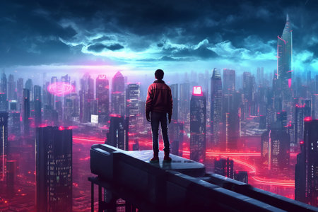 Man standing on the top of a skyscraper and looking at the cityの素材