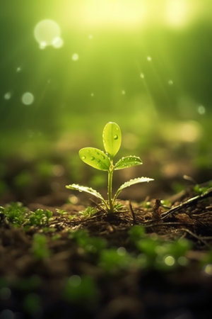 Green seedling growing from seed in the morning light. Ecology concept.の素材