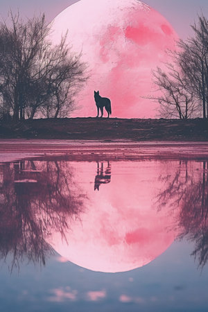 Silhouette of a wolf on the background of the setting sunの素材