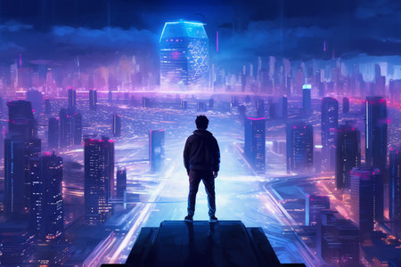 Young man standing on platform and looking at night city. 3D Renderingの素材