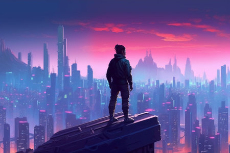 Rear view of man standing on top of futuristic building. Futuristic city conceptの素材