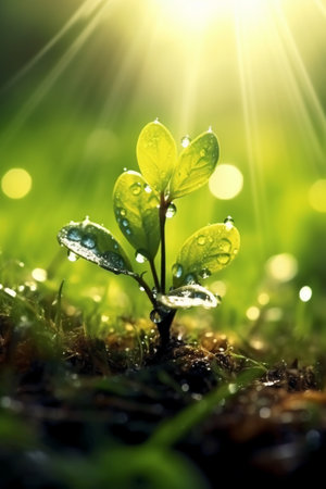 Green sprout with dew drops on the green moss and sunlightの素材