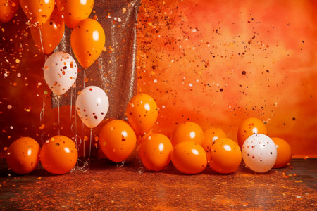 Orange and white balloons with confetti on a dark background. Copy space.の素材