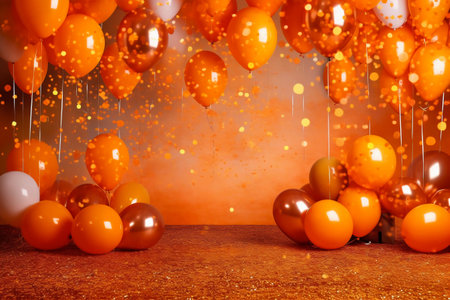 Orange and white balloons on orange background with copy space. 3d renderingの素材