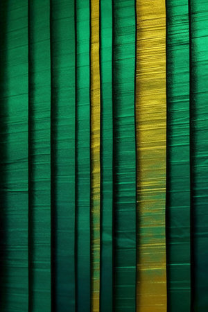 Green curtain with yellow and black stripes. Abstract background and texture.の素材