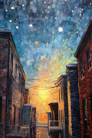 Digital painting of a street in the city during a snowfall.の素材