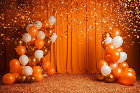 Orange and white balloons with confetti on stage. 3D renderingの素材