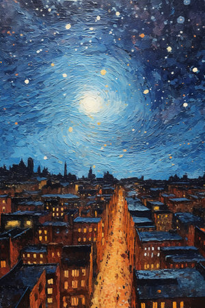 Digital painting of the cityscape of Stockholm at night, Sweden.の素材