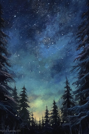 Winter landscape with fir trees and milky way. Digital painting.の素材