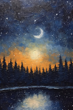 Winter landscape with pine forest, lake and moon. Original painting.の素材