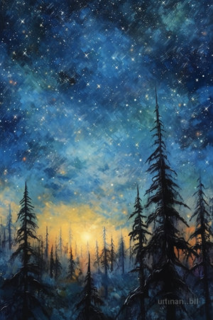 Night sky with stars and coniferous forest. Digital painting.の素材