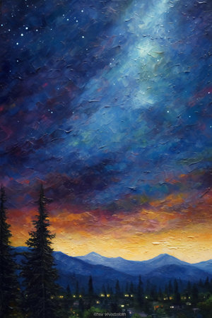 Starry sky and mountains in the background. Painting on canvas.の素材