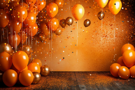 Orange balloons with confetti on a brown background. 3d renderingの素材