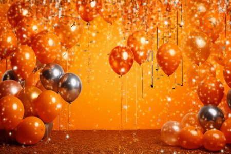 Orange, silver and black balloons on orange background. 3d renderingの素材