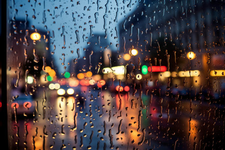 Rain drops on the glass, Blurred traffic in the city at nightの素材