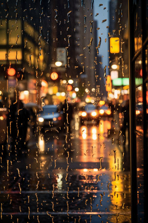 Raindrops on the glass with blurred background of the city at nightの素材