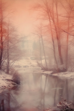 Winter landscape with river, trees and fog in the forest. Vintage style.の素材