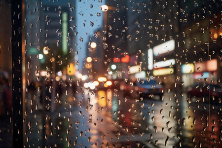Rain drops on the glass in the city at night, abstract backgroundの素材